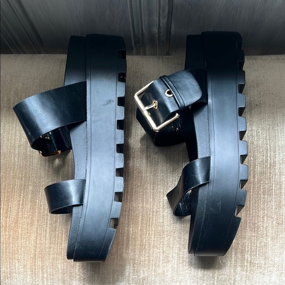 EGO Black Platform Sandals gold adjustable buckle size 9 minimalist y2k 2000s - Picture 3 of 6